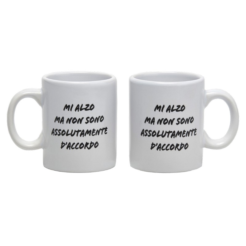 Set di 2 tazzine da caffè bianche in ceramica con manico decorate con scritta “Mi alzo ma non sono assolutamente d'accordo”